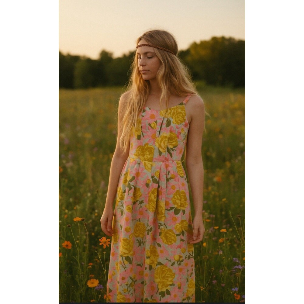 Vintage 1970's Designer Quality Long Colorful Green Floral Linen Dress Size S